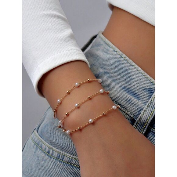 1pc Gold Pearl Layered Bracelet 3 Strand Dainty Adjustable Triple Chain Fashion - Picture 1 of 3